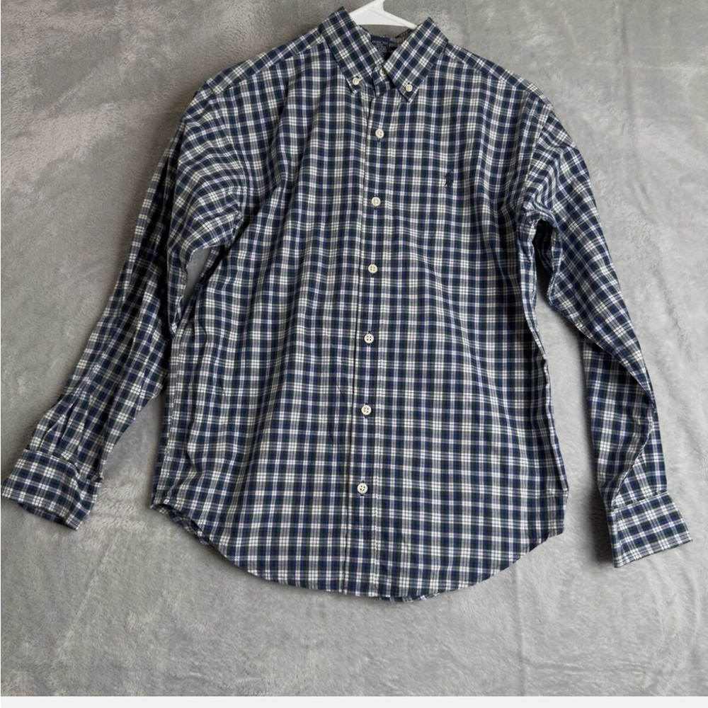 VTG Ralph Lauren Mens M Blue Tartan Plaid Preppy Rugby Pony Logo 90s Hamptons